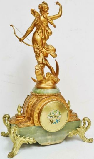 Antique French 8 Day Striking Gilt Metal & Green Onyx Lady Figurine mantel Clock 9