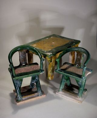 Antique Chinese Funerary Offerings Table & Two Chairs