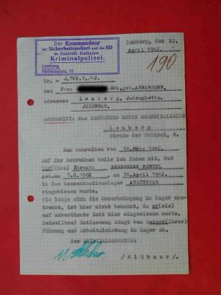 Lager 1942 Document Answer From The Kriminal Police Sd.  Judaica