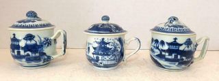 3 Small 19th Century Chinese Blue & White Canton Ware Lidded Jam Pots