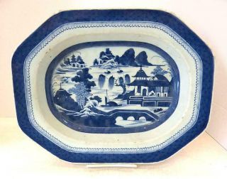 19th Century Chinese Blue & White Canton Ware Serving Bowl - 13 7/16 " Long (b)