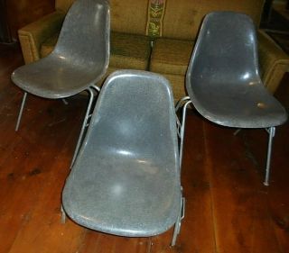 3 - Vintage Herman Miller Eames Mid Century Stacking Chairs,  Gray,  Fiberglass Mcm