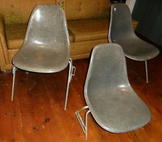 3 - Vintage Herman Miller Eames Mid Century Stacking Chairs,  Gray,  Fiberglass MCM 3