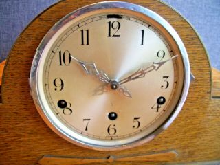 Antique 1930 ' s Art Deco Oak Westminster Chime Mantel Clock (with Key & Pendulum) 2