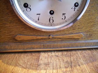 Antique 1930 ' s Art Deco Oak Westminster Chime Mantel Clock (with Key & Pendulum) 3