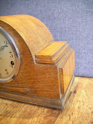 Antique 1930 ' s Art Deco Oak Westminster Chime Mantel Clock (with Key & Pendulum) 5
