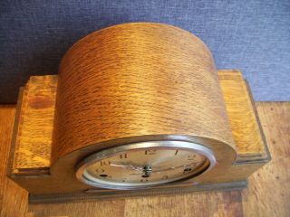 Antique 1930 ' s Art Deco Oak Westminster Chime Mantel Clock (with Key & Pendulum) 6