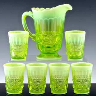 Gorgous Antique Opalescent Vaseline Pressed Glass Water Pitcher & Tumblers Glows