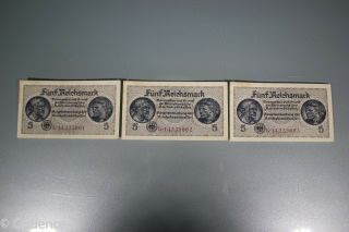 Ww2 German 5 Marks Reichsmark Banknote Bill 3 Consecutive Serial Numbers Unc 3