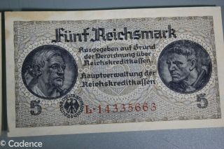 WW2 German 5 Marks Reichsmark Banknote Bill 3 Consecutive Serial Numbers UNC 3 4