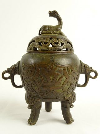 Antique Chinese Bronze Tripod Censer With Chimera Finial Marks To Base China