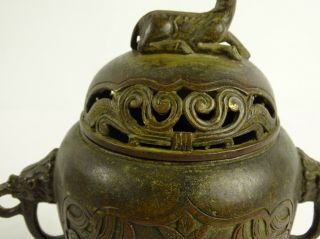 Antique Chinese Bronze Tripod Censer with Chimera Finial Marks to Base China 3