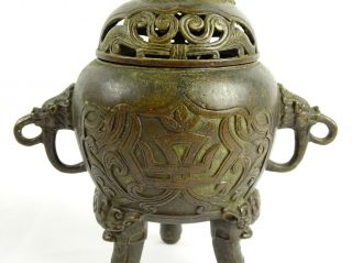 Antique Chinese Bronze Tripod Censer with Chimera Finial Marks to Base China 4