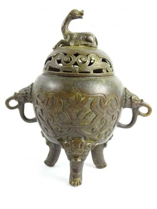 Antique Chinese Bronze Tripod Censer with Chimera Finial Marks to Base China 7