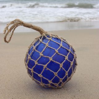 10 " Large Vintage Style Japanese Fishing Float Blue Glass With Rope Netting