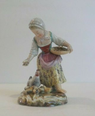 Meissen Porcelain 5.  5 " Figurine,  Young Girl Feeding Chickens,  C.  1880