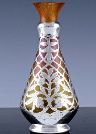 Very Rare C1900 Austrian Iridescent Art Glass Vase W Sterling Silver Overlay