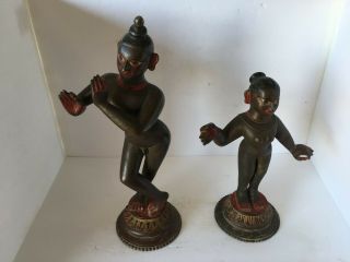 Old Vintage Bronze Statue Indian Hindu Love God Krishna Playing Flute With Wife