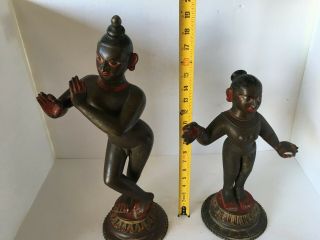 Old vintage bronze statue indian hindu love god krishna playing flute with wife 2