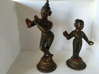 Old vintage bronze statue indian hindu love god krishna playing flute with wife 6