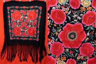 Antique Black Silk Large Pink Embroidered Roses Manton De Manila Piano Shawl Vtg