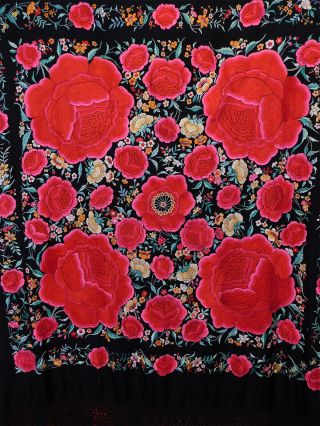 Antique Black Silk Large Pink Embroidered Roses Manton de Manila Piano Shawl Vtg 4