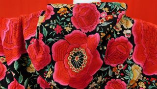Antique Black Silk Large Pink Embroidered Roses Manton de Manila Piano Shawl Vtg 6