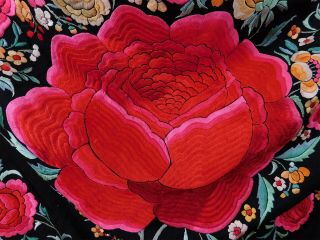 Antique Black Silk Large Pink Embroidered Roses Manton de Manila Piano Shawl Vtg 7