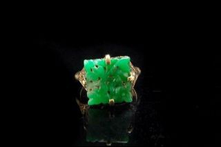 VINTAGE CHINESE CARVED APPLE GREEN JADE 14K RING A38500 2