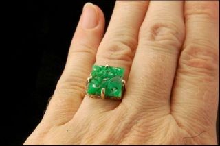 VINTAGE CHINESE CARVED APPLE GREEN JADE 14K RING A38500 5