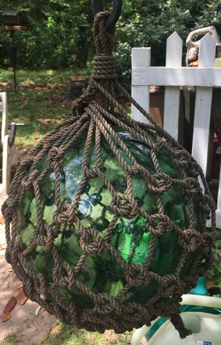 Antique Japanese Float Large Green Blown Glass Rope Wrapped Fishing Buoy Heavy
