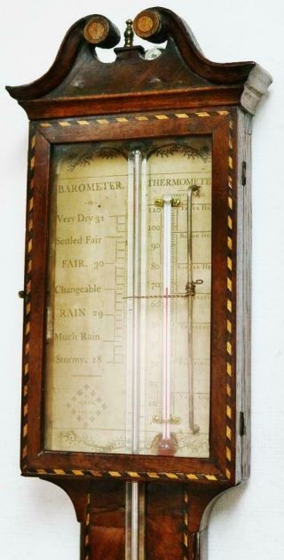 Fine Quality Antique English Inlaid Mahogany Stick Wall Barometer & Thermometer
