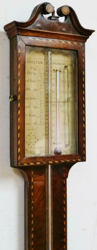 Fine Quality Antique English Inlaid Mahogany Stick Wall Barometer & Thermometer 3