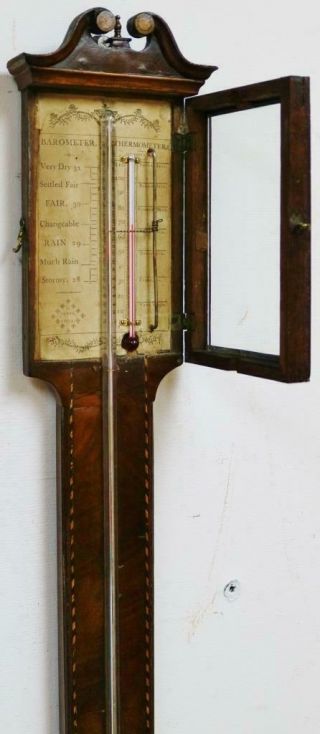 Fine Quality Antique English Inlaid Mahogany Stick Wall Barometer & Thermometer 4