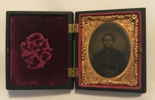 Antique Civil War Tintype Young Solider Hinged Union Case