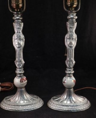 Unusual Pair Antique C1920 Art Deco Figural Lamps Art Glass Inserts Silverplate
