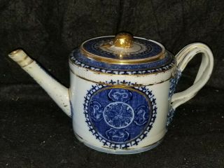 Antique 18thc Chinese Export Porcelain Blue & White W/ Gold Teapot