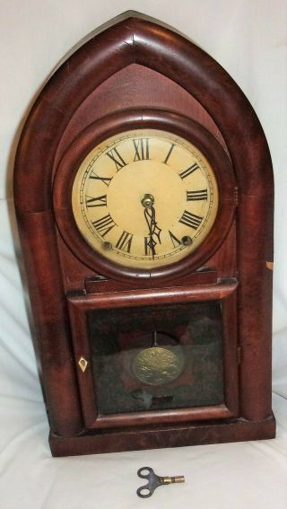 Vintage/antique Estate Tombstone Clock W/ Key & Pendulum Late 1800 