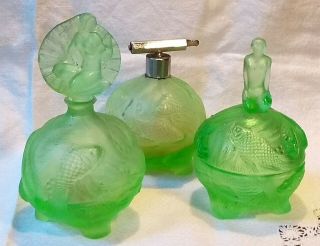 Vintage Ingrid Czech Vaseline Glass Set Perfume Bottle Powder Box Atomizer Rare