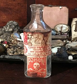 Old Antique Vtg Pharmacy Nyc Glass Poison Skull Crossbones Bottle Paper Label