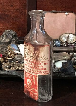 Old Antique Vtg Pharmacy NYC Glass Poison Skull Crossbones Bottle Paper Label 2