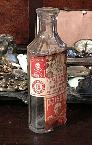 Old Antique Vtg Pharmacy NYC Glass Poison Skull Crossbones Bottle Paper Label 3