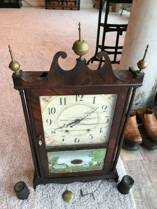 Old Antique Eli Terry Pillar Scroll Clock - All Glass Wood Movement