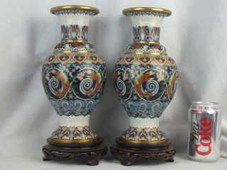 Quality Pair 20th C Chinese Cloisonne Shouldered Goldfish Vases On Stands