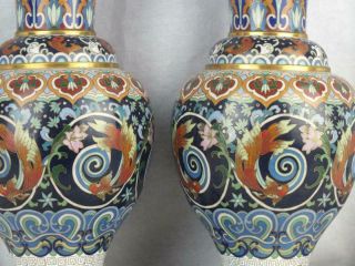 QUALITY PAIR 20TH C CHINESE CLOISONNE SHOULDERED GOLDFISH VASES ON STANDS 2