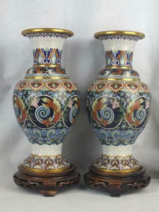 QUALITY PAIR 20TH C CHINESE CLOISONNE SHOULDERED GOLDFISH VASES ON STANDS 3