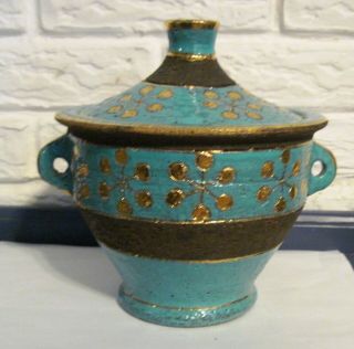 Aldo Londi / Bitossi Mid Century Modern Turquoise & Gold Art Pottery Bowl W Lid
