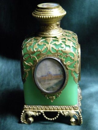 Palais Royal 19th Century French Perfume Bottle Gilt Brass & Green Blown Glass