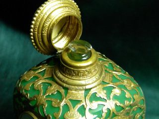 Palais Royal 19th Century French Perfume Bottle Gilt Brass & Green Blown Glass 5