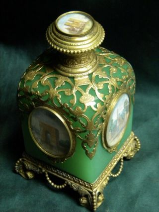 Palais Royal 19th Century French Perfume Bottle Gilt Brass & Green Blown Glass 9